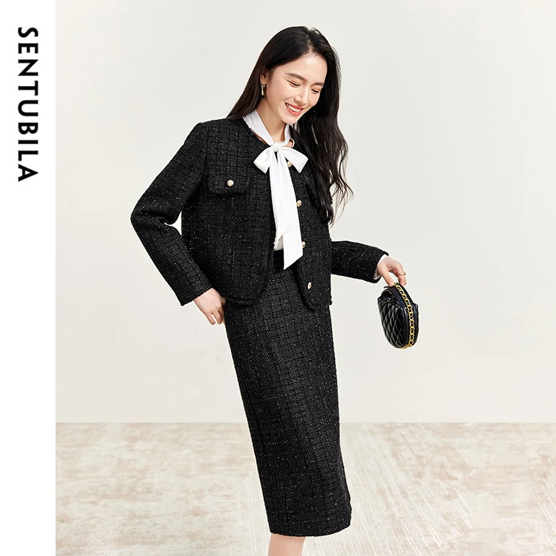 SENTUBILA Skirt Sets Women Outfits 2024 New Winter Vintage Round Neck Jackets High-waist Straight Skirts Two Piece Set 144Z57655