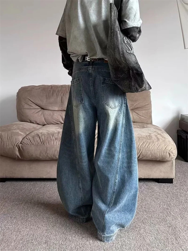

American Sle Knife Wide Leg Jeans Men's Autumn Winter Loose Fit Workwear Trousers Patchwork High Waist Straight Leg Pants