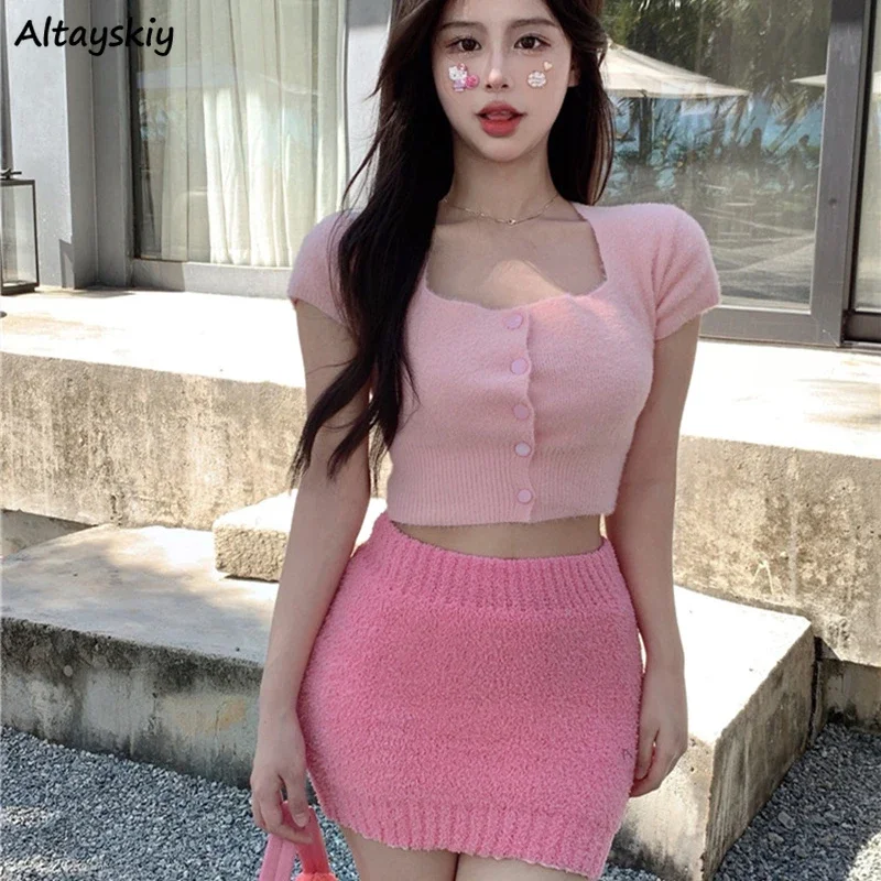 Set da donna Crop Top Solid Slim Casual Dolce Sexy Colore caramella Kawaii Streetwear Accogliente stile coreano Basic Chic Primavera Mujer Ins Nuovo