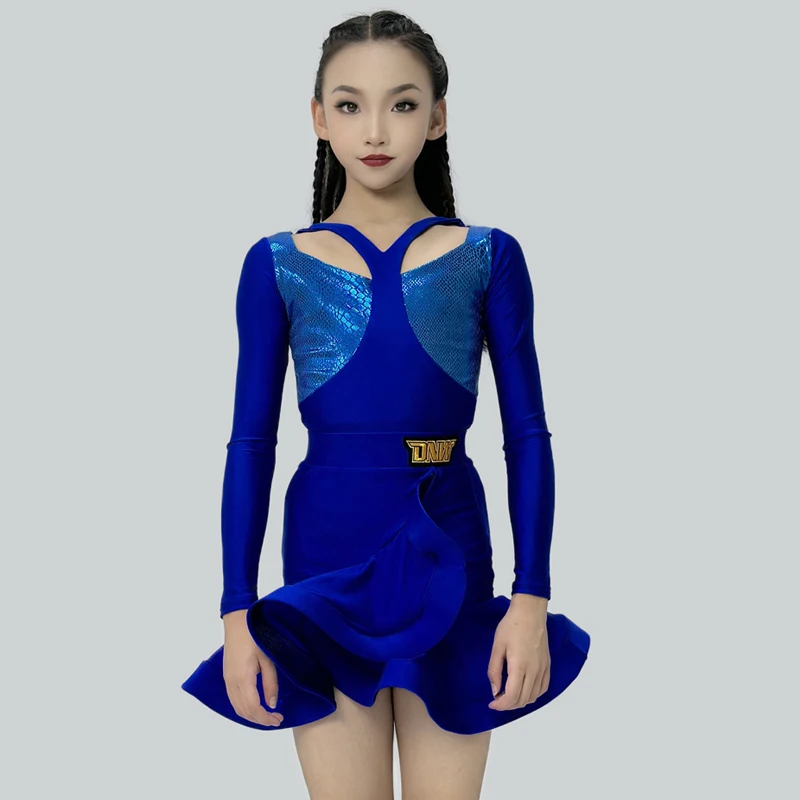 

Fashion Latin Dance Professional Dress Girls Blue Chacha Samba Dancing Clothes Kids Party Performance Dance Dresses SL10963