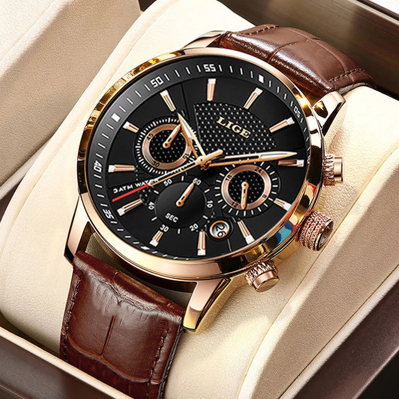 LIGE Herrenuhr Outdoor Sport Wasserdicht Chronograph Armbanduhren für Männer Mode Business Leder Leuchtende Quarzuhr Herren