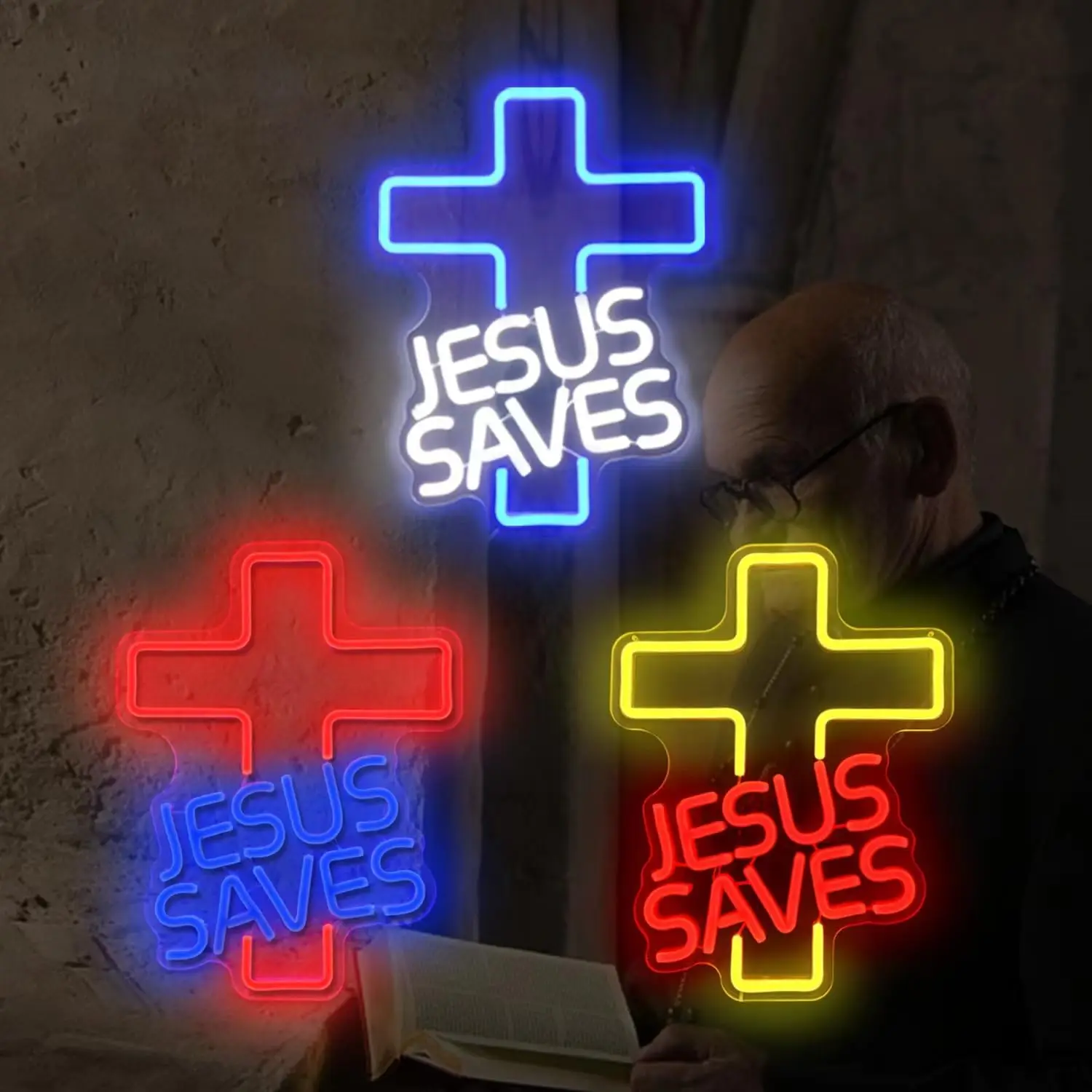 Cross Neon Signs Jesus Saves LED Neon Signs Light for Wall Decor Bedroom Room Christian Church Events Birth Christmas Decor Gift