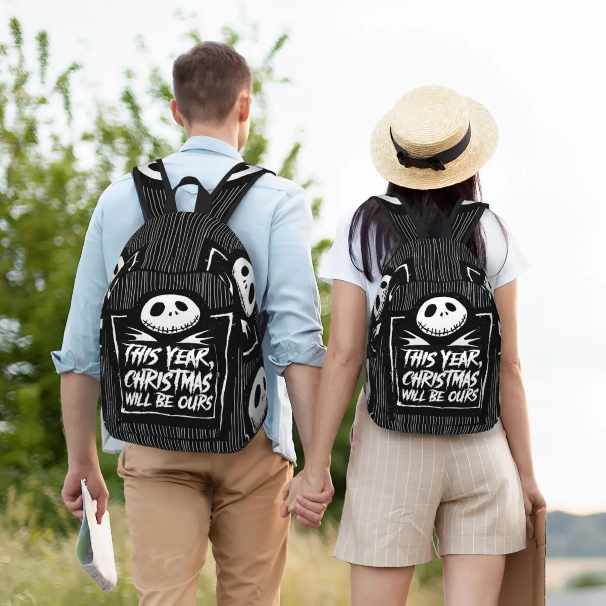 Custom 3D Printing Sally And Jack The Nightmare Before Christmas Canvas Backpack for Christmas Will Be Ours Skull  Bags