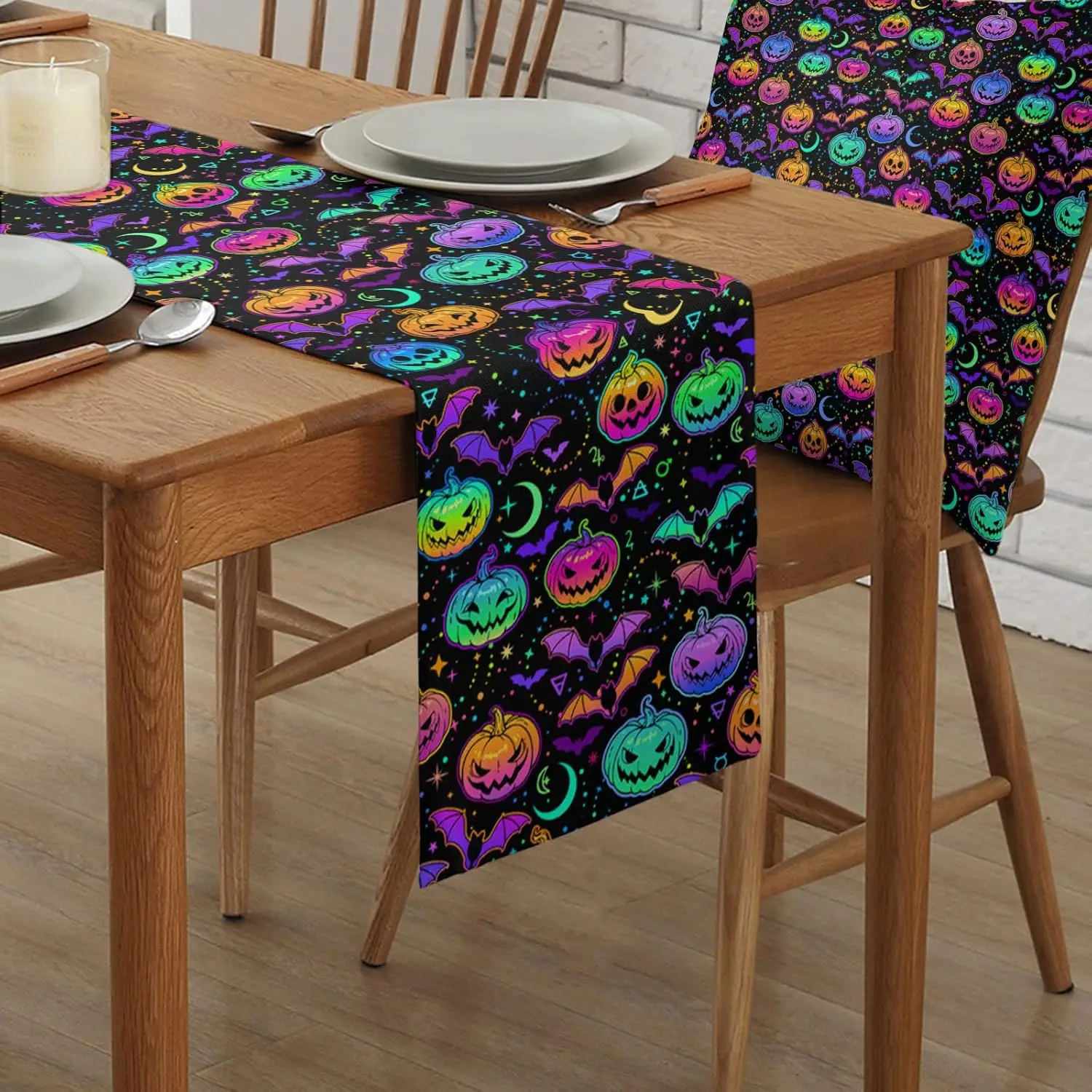 Halloween Colorful Pumpkin Bat Linen Table Runners Holiday Party Decor Washable Kitchen Dining Table Runner Halloween Decoration