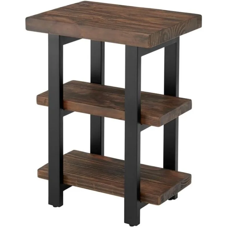 Pomona Rustic Industrial Natural 2-Shelf Solid Pine Wood End Table with Metal Legs Solid Wood Finish for Living Room Furniture