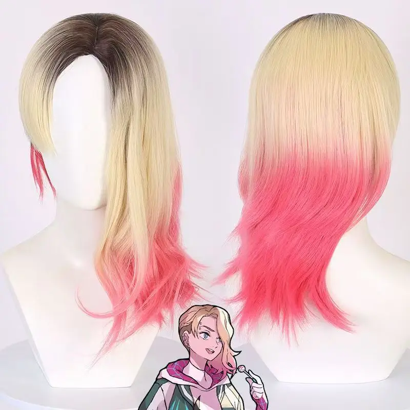 Gwen Stacy Cosplay Wig Blonde Pink Gradient Medium Wavy Wig Matte High‑Temperature Synthetic Pre‑Styled Wig for Halloween Party