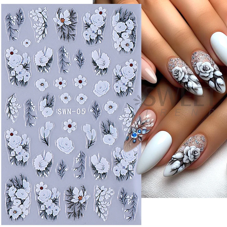 5D Embossed White Flower Nail Stickers Elegant Lace Rose Floral Petals Leaves DIY Self-Adhesive Decal Slider Manicure Decoration