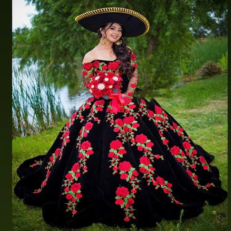 

Customized Black Quinceanera Dresses Mexican Style Off Shoulder Rose Flower Long Sleeve Birthday Prom Vestidos De 15 Quinceañera