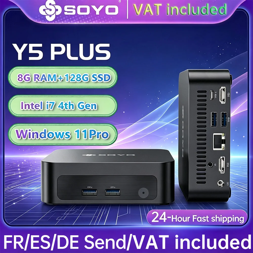 SOYO Y5 PLUS Mini PC Intel i7 4ème génération, 8 Go de RAM, 128 Go de SSD, Windows 11 Pro, ordinateur de bureau portable, WiFi BT4.2, double HDMI, USB, mini-ordinateur compact, faible consommation d'énergie, micro-PC adapté au bureau, aux affaires, au divertissement, à la maison, à un usage quotidien