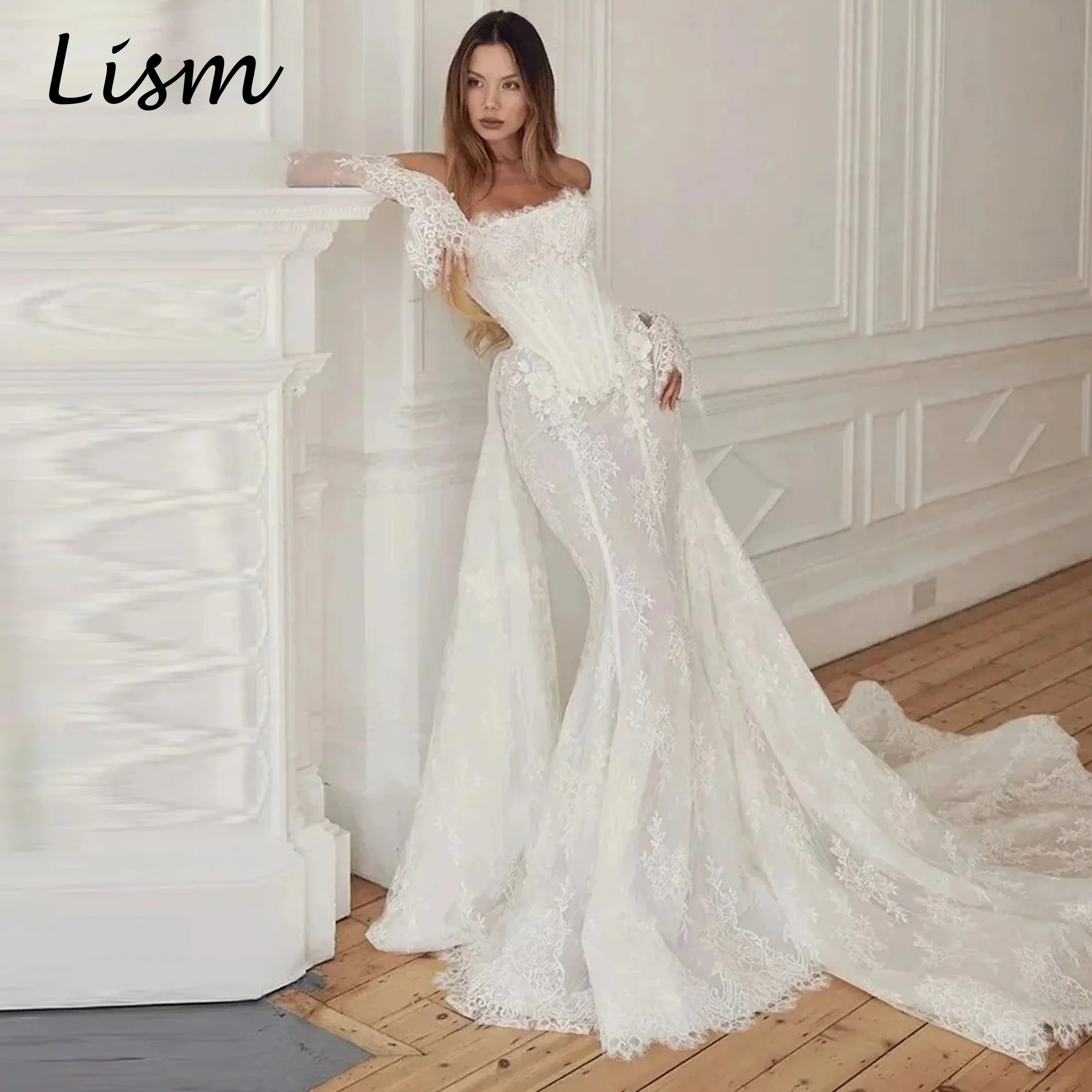 

Lism Sexy Full Sleeve Vestidos De Novia Lujo Vestido Encaje Corte Sirena Mangas Desmontables Curvy Corset WeddingDressCustomzize