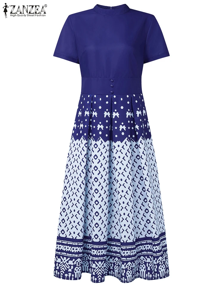 ZANZEA 2025 Estate Vintage Stampa etnica Abiti a-line Donna Moda Manica corta Vita aderente Colletto alla coreana Midi Robes Femme