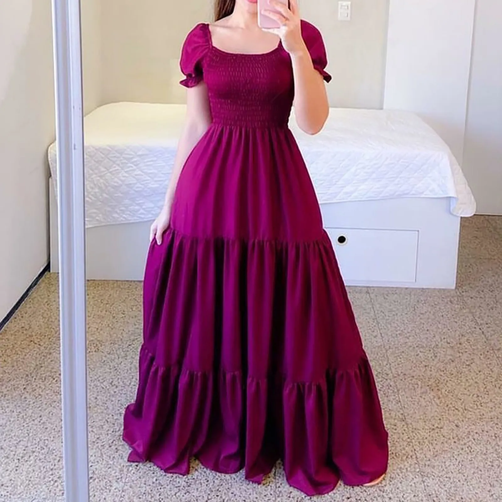 Summer Sweet Long Dresses Purple Puff Sleeve Holiday Sexy Backless Slash Neck High Waist Skinny Maxi Dress Ruffles Pleated Robe