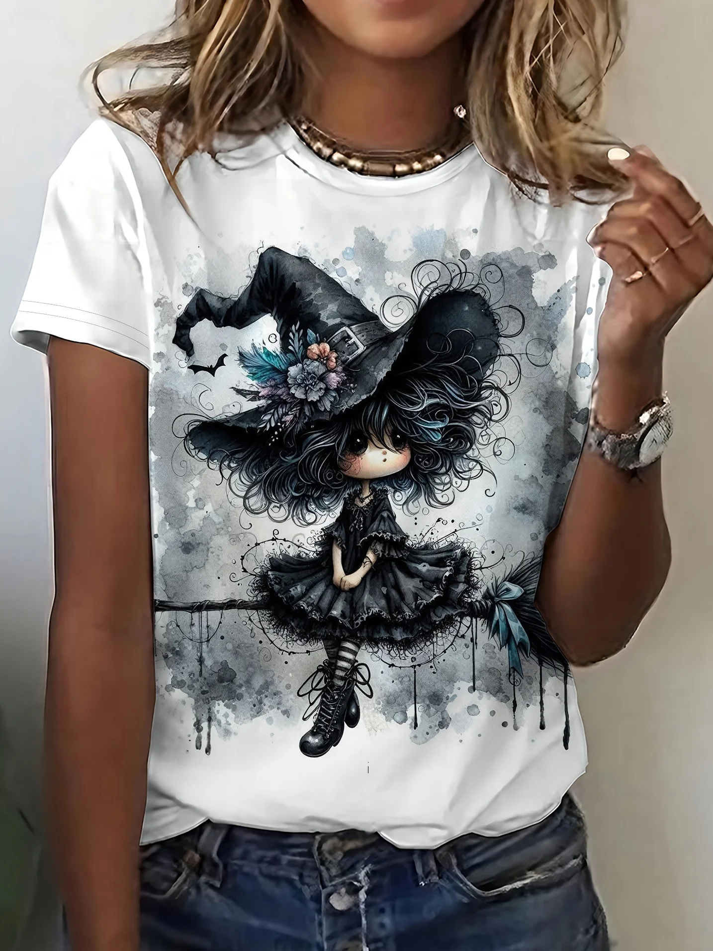 Women T‑shirt Short Sleeve Happy Day Cute Cartoon Girl Stripe Graphic Print O‑neck Casual Daily Summer Fashion Tee New Top