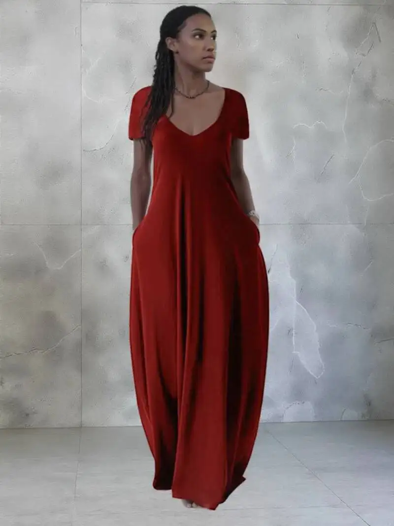 เดรสยาวสีพื้นสไตล์ยุโรปอเมริกันสำหรับฤดูร้อน ไซส์พลัส ผู้หญิง แขนสั้น คอวีลึก เซ็กซี่ หวาน