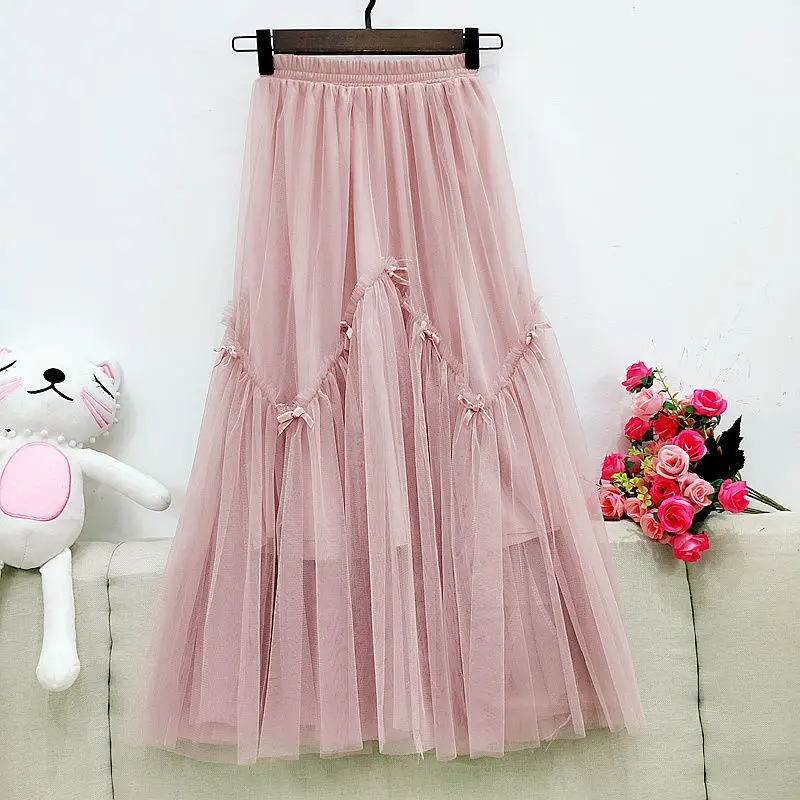 

Casual skirt female 2023 New High Waist Slim Elastic Waist Double layer Mesh Bowknot Splice Mid length Skirt Early Spring Girl