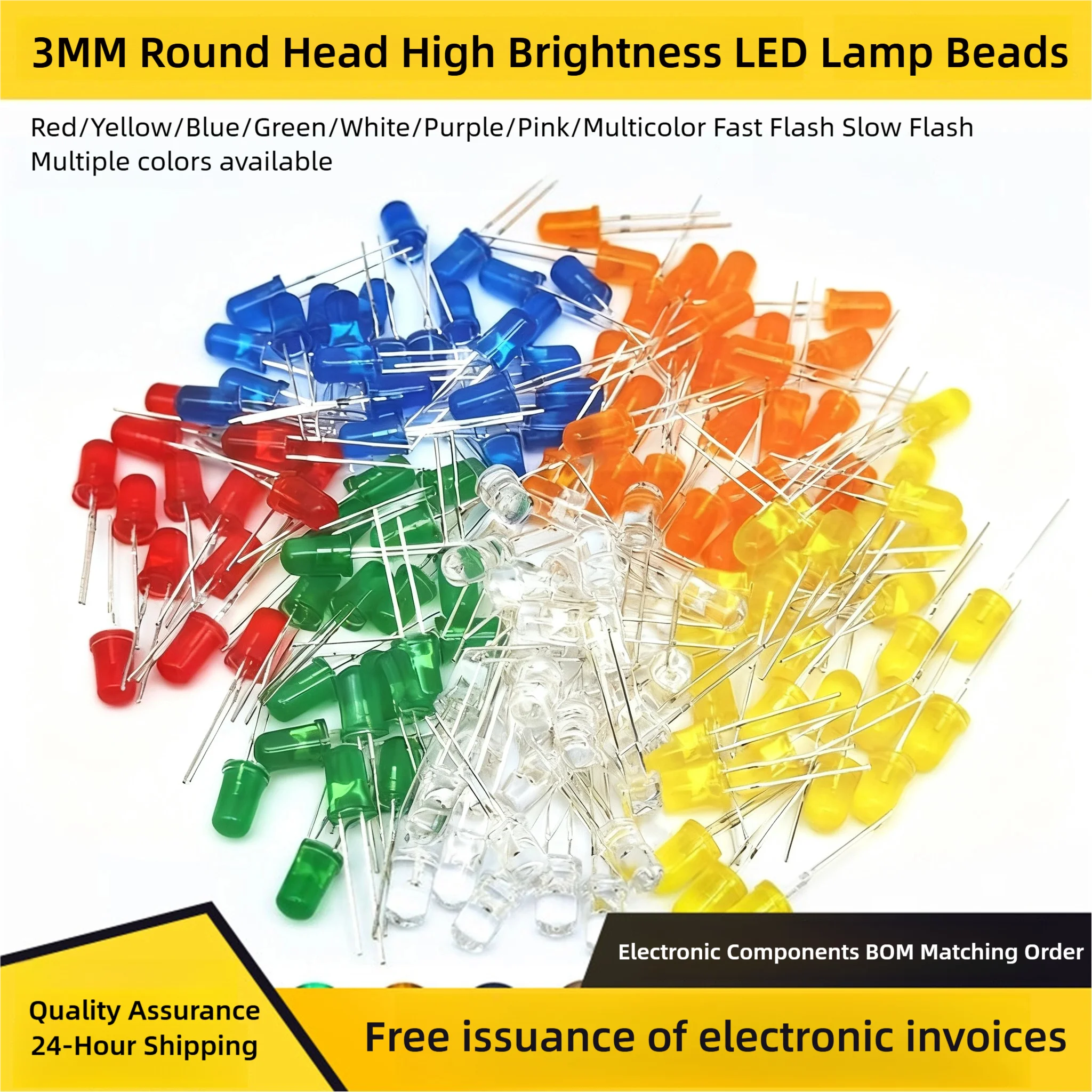 3MM Round-Head F3 Light-Emitting Diode LED Beads, High-Brightness Red, Yellow, Blue, Green, White, Purple And Pink Lights