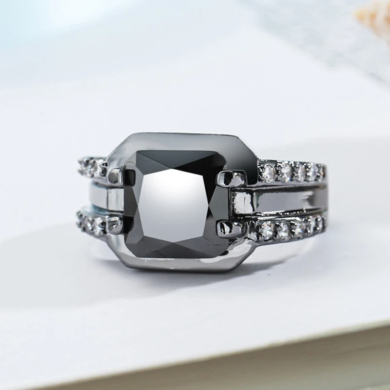 Real Pure Mens Rings Black Color Antique Vintage Rings for Mens with Stone Square Black Onyx Stones Jewelry Anello Uomo