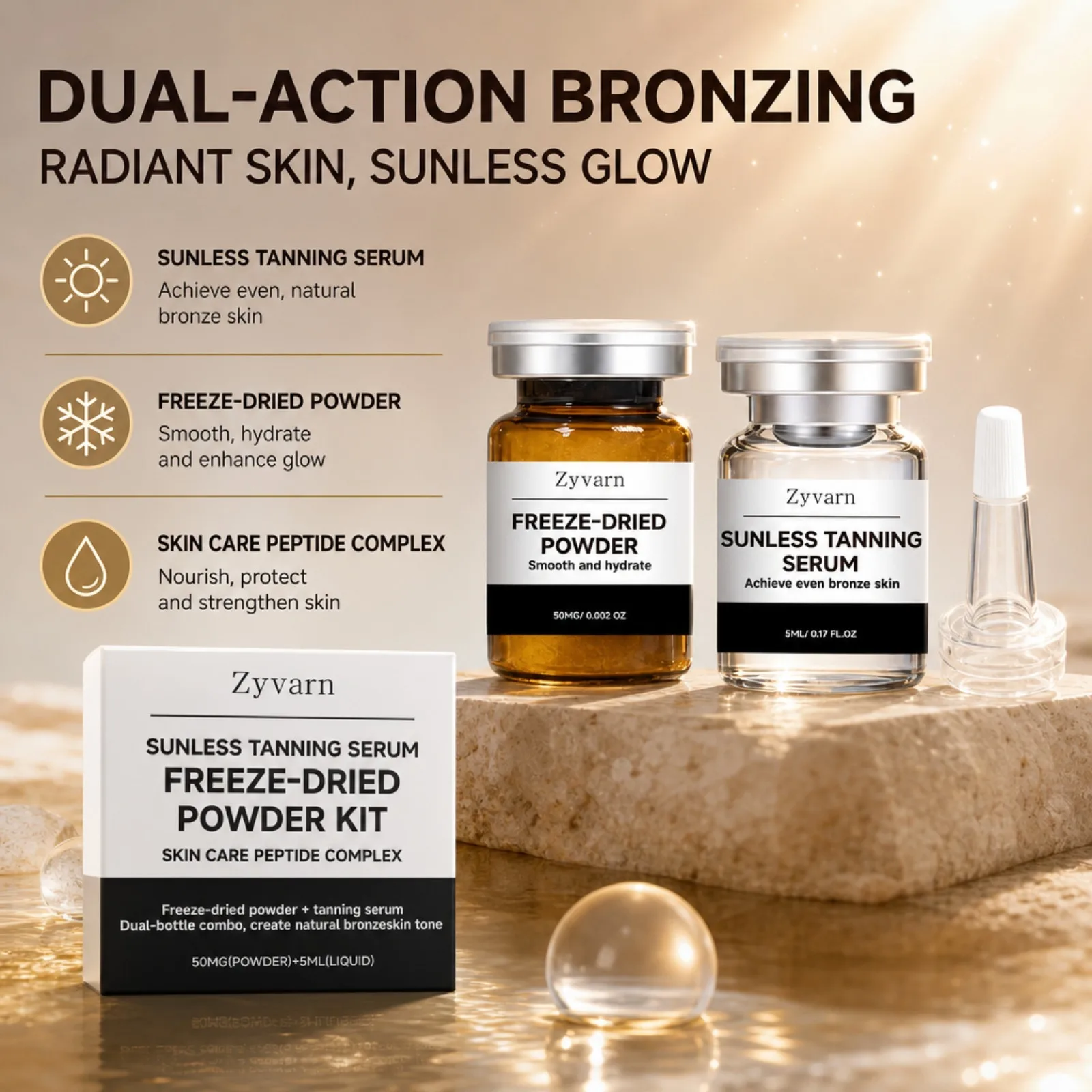 Sunless Tanning Freeze-Dried Powder Kit Peptide Complex Serum Natural Smooth Bronze Skin Tone Self Tanning Skin Care Set