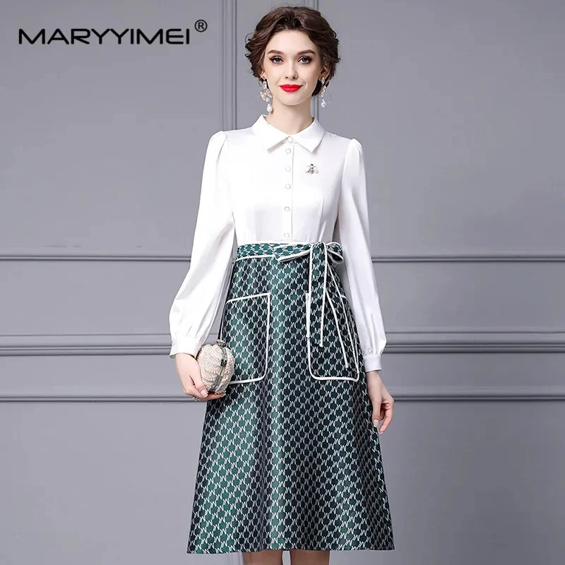 MARYYIMEI Fashion Women's 2024 Spring Turn-Down Collar Patchwork Single-Breasted Fake Two Pieces Gingham Pocket Slim-Fit Dress