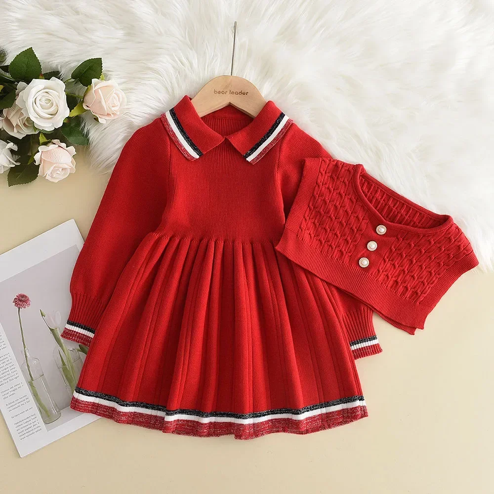 Melario Girl Baby Sweater Knitted Dress Children Warm Sweater Dress + Vest Girls Infant Casual Pleated Princess Dresses Vestidos