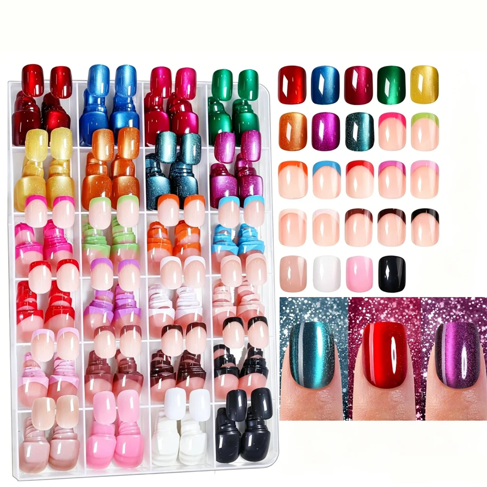 288pcs Solid Color Cat Eye Press On Nails Set, Short Square Glossy Aurora Magnetic Fake Nails, Multi Color False Nail Tips Salon