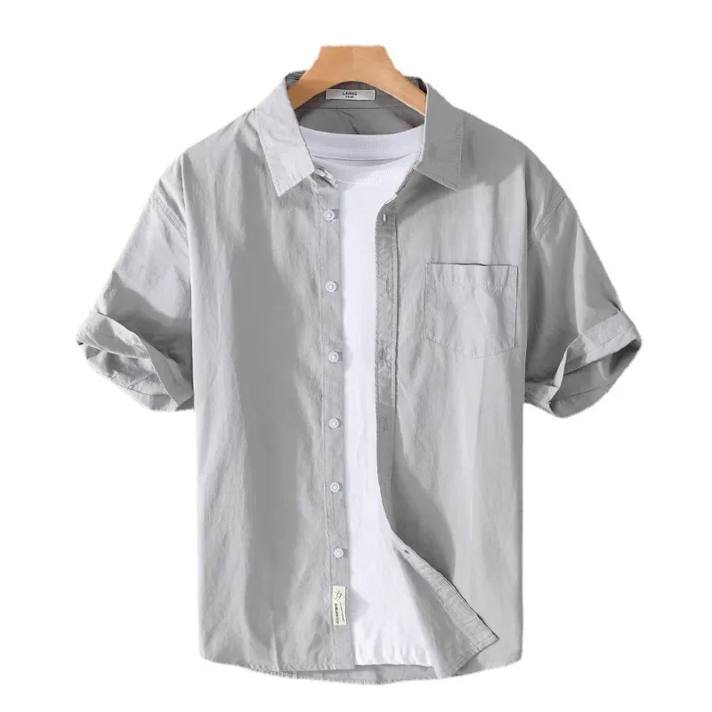 Summer Cotton Shirt Casual Loose and Comfortable Youth Simple Solid Color Mens Shirt