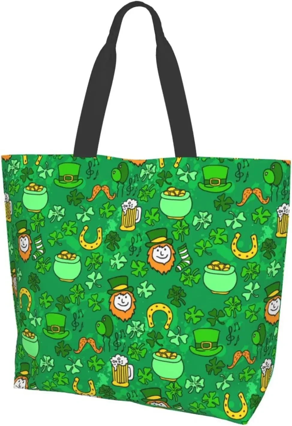 Golden Horseshoe Iron St Patrick Tote Shoulder Bag Green Clover Grocery Bags Storage Handle Shopping Bag Portable Washable