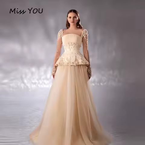 Customized Evening Dress Square Collar Delicate Appliques Ivory Tulle Long Sleeves Special Occasion Gowns Celebrity Gowns