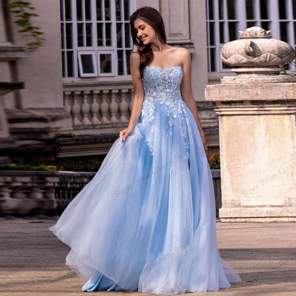 Império azul vestidos de noite para meninas 2025 personalizado fora do ombro vestidos de baile com apliques novo tule macio robe de soirée verão