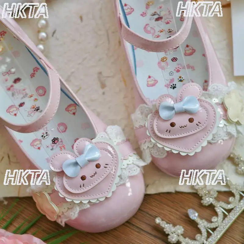 

Lolita 2025 Autumn Winter Daily Cute Cartoon Mid Heel Pumps PU Shoes Kawaii Sweet Lace Round Head Square Heel Black Shoes Women