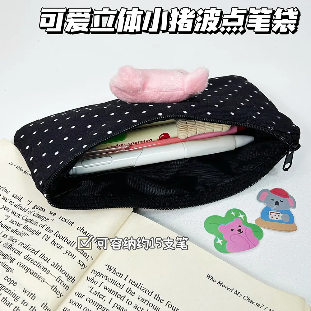 Cartoon 3D Pig Pencil Case Polka Dot Portable Pen Bag Multi-functional Stationery Bag Back To School Gift
