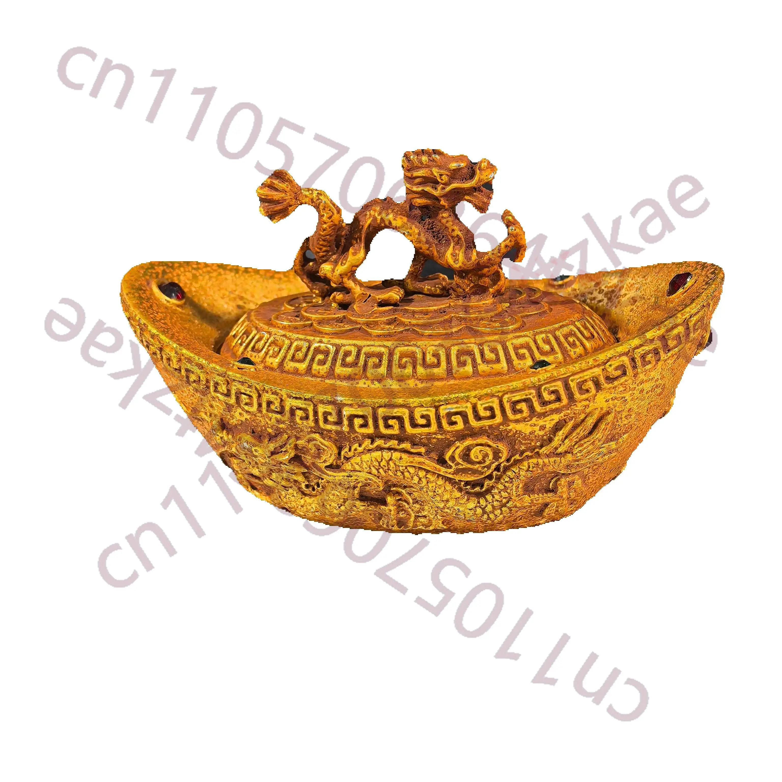 

Chinese Folk Collection of copper Dragon and Phoenix Yuanbao Relief Gold color Treasure Pot Storage Jar Ornament for living room