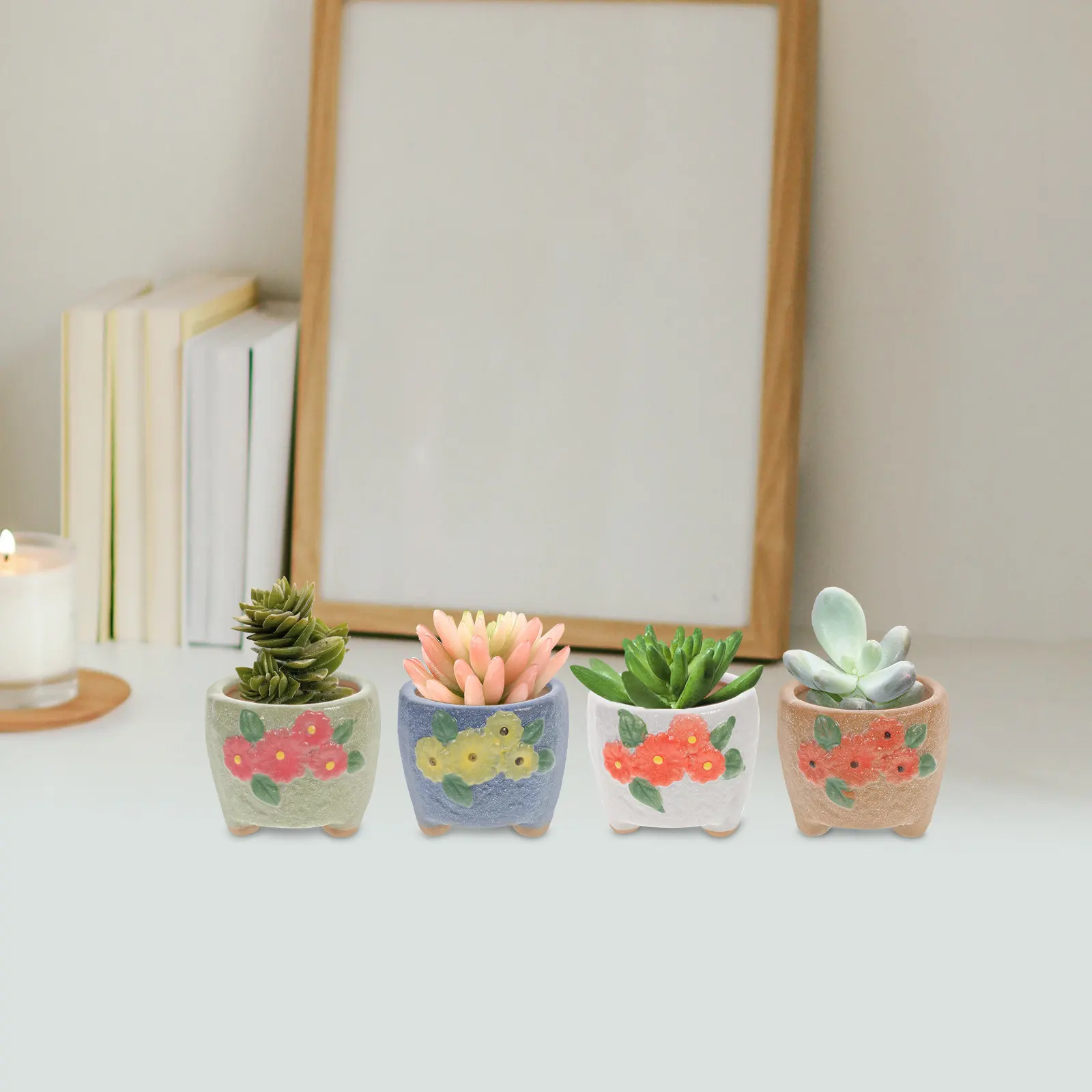 4Pcs Hand Painted Ceramic Strawberry Flower Pots with Drain Hole for Indoor Plants Decor Modern Home Garden Living Room