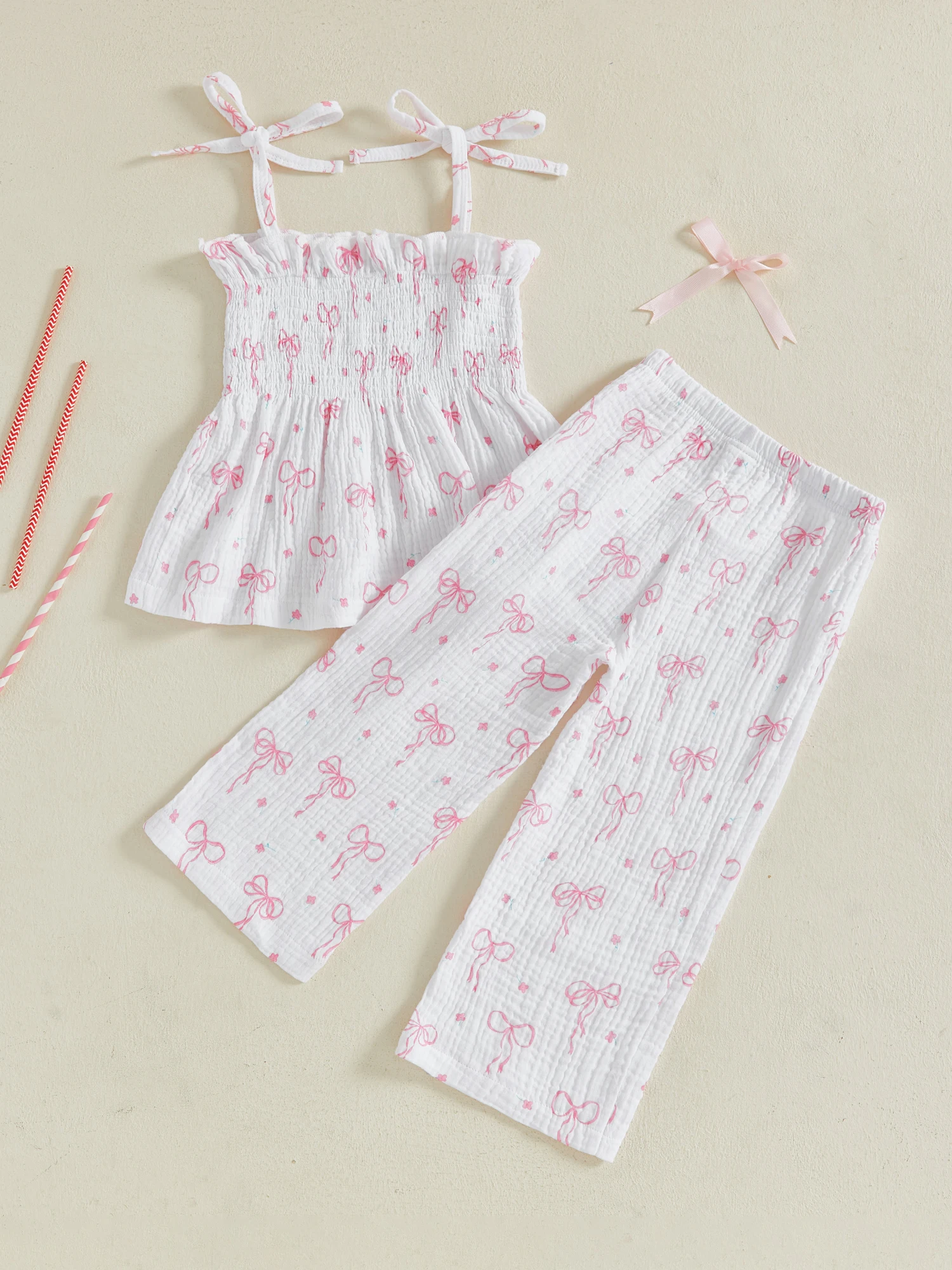 

Toddler Girl 2-Piece Summer Set with Sleeveless Bow Print Cami Top and Wide Leg Pants - Adorable Baby Girl Outfit