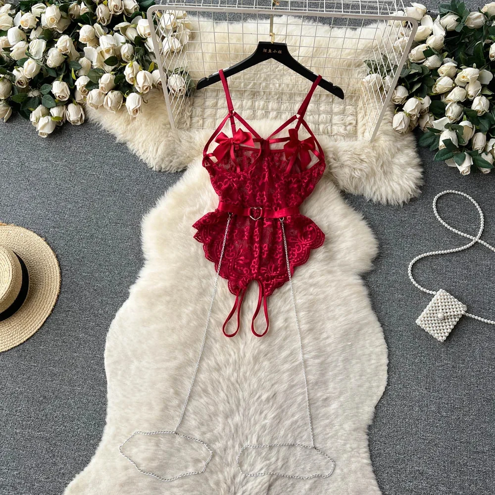 Bow Jumpsuit Women Sexy Hot Floral See-through Lace Bodysuits Erotic Hollow Combination Catsuits Chain Strappy Rompers Bodycone