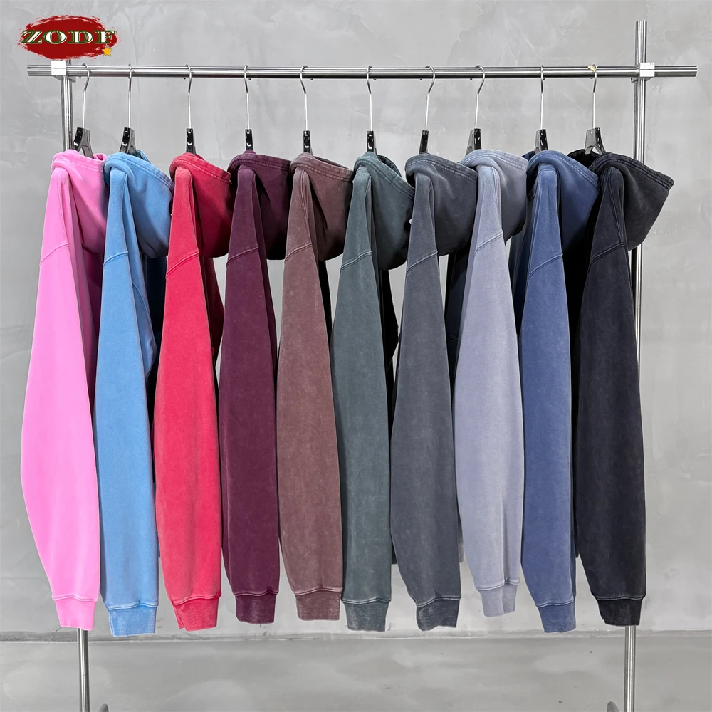 ZODF Retro Boxyfit 430gsm Washed Cotton Hooded Hoodie For Men Unisex High Street Distressed Solid Pullovers Outwears HY1329