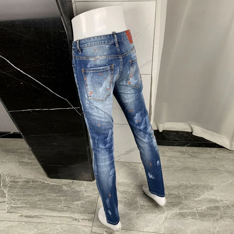 Street Fashion Men Jeans Retro Washed Blue Stretch Slim Fit Ripped Jeans Men Painted Designer Hip Hop Brand Denim Pants Hombre