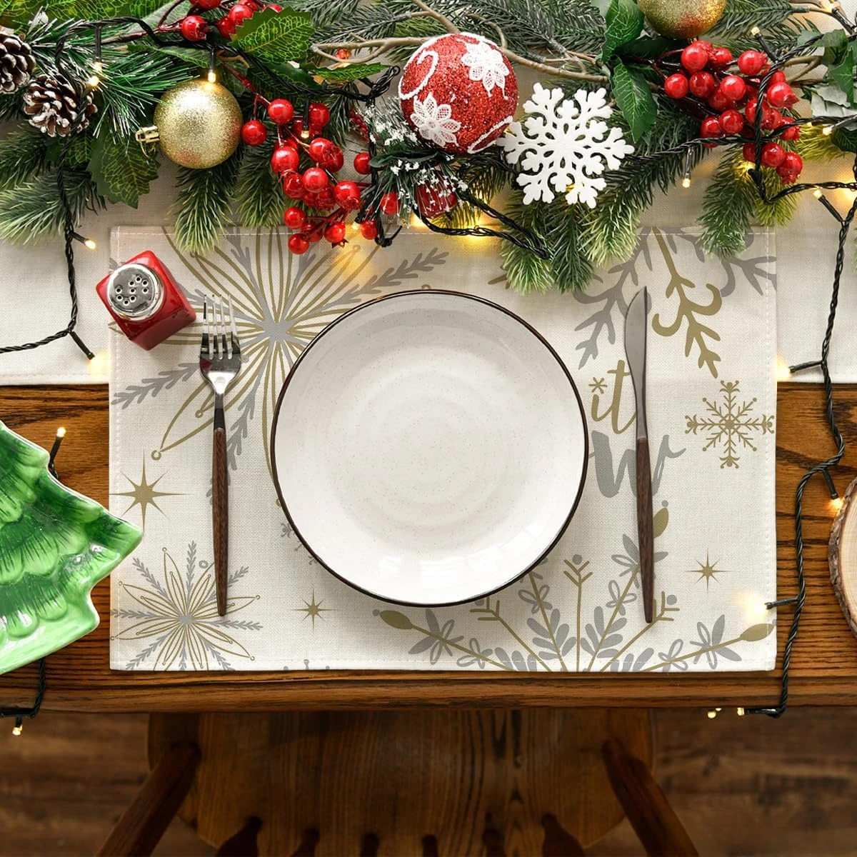 Christmas Snowflake Let It Snow Linen Placemats Set Table Decor Winter Xmas Holiday Table Mats for Kitchen Christmas Decoration
