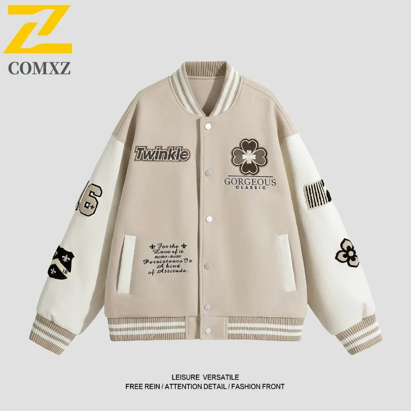 

COMXZ Men Tactical Outdoor Work Jacket American Style Baseball Embroidered Military Workwear Spring Autumn Stand Collar Coat