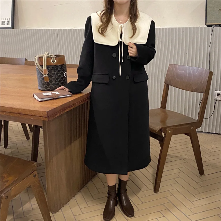 

Женское осенне-зимнее шерстяное пальто, длинное двубортное однотонное пальто с лацканами и хлопковым наполнителем, корейское пальто, простое элегантное