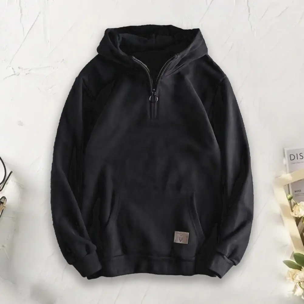 

Solid Color Hooded Sweatshirt Men Hoodie Streetwear Men's Thickened Hoodie with Zipper Decor Big Pocket for Autumn Winter Loose