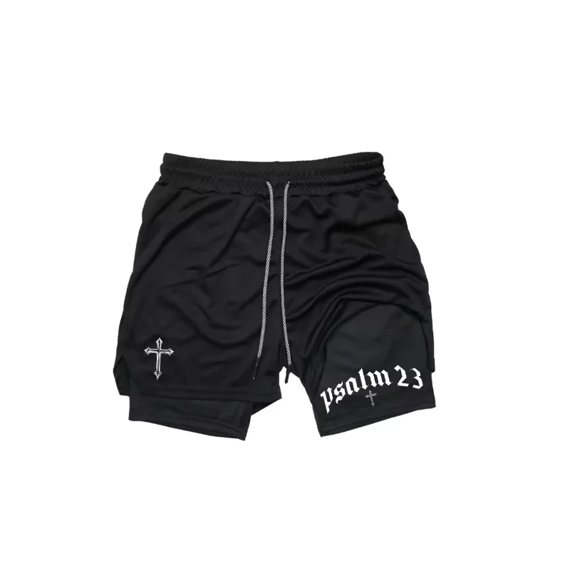 

Psalm Cross Print 2 in 1 Workout Running Shorts for Men Gym Athletic Breathable Performance Shorts with Phone Pocket Activewear
