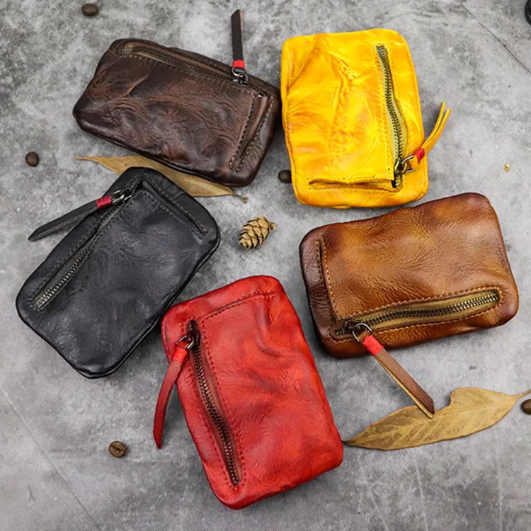 Hand-Stamped Color  Wallet Vegetable-Tanned Leather Ultra-Thin Zipper Retro Genuine Leather Coin Purse Simple Leather Clutch