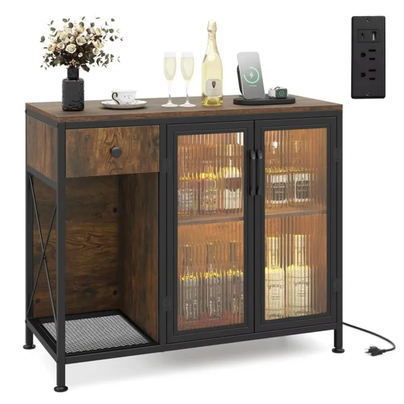 A rustic brown coffee bar table with storage drawers, RGB LED lights, and power outlets, featuring elegant home furniture