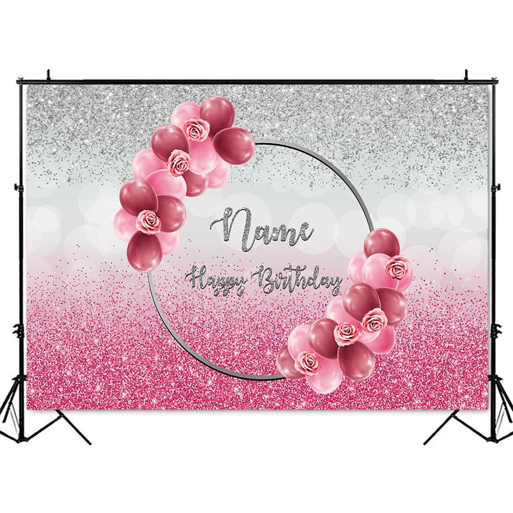 Pink Rose Birthday Background Customzie Name DIY Adult Women Sweet 16 Girls Birthday Party Backdrop Red and Pink Balloons Decor