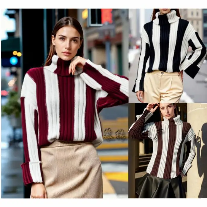 

2025 Autumn Winter Women's Knitted Sweater Stripe Long Sve High Collar Patchwork Thiened Commute Sle Single Piece