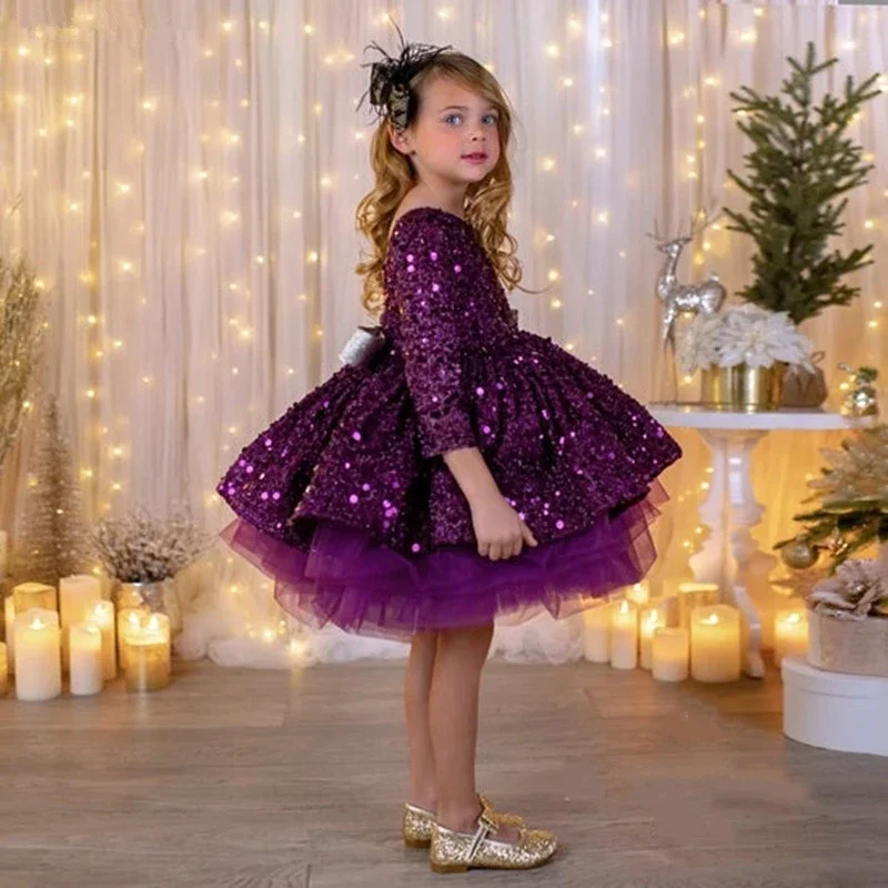 Purple Glitter Bowtie Lush Girl Party Dresses Elegant Fluffy Girl Princess Dress Shiny luxurious Birthday Wedding Dress Girl