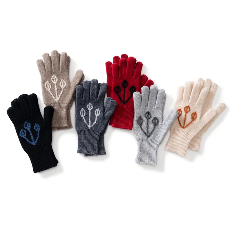 High-Quality 100% Pure Cashmere Padded Women's Mosaic Gloves Winter inlaid Touch Screen Knitted Soft Outdoor Gloves