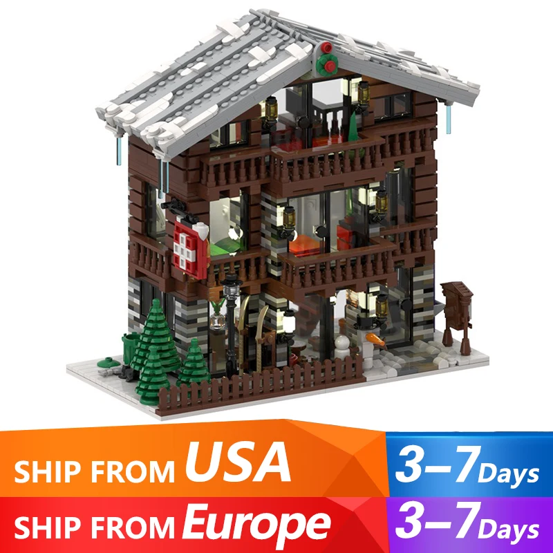 2231PCS MOC Christmas Alpine Lodges Building Blocks Creative Street View Winter Snow House  Architecture Model Toys for Kid Gift