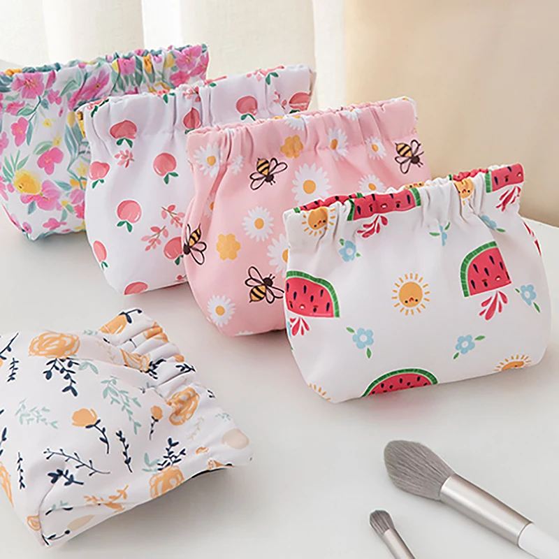 Cute Flower Print Cosmetic Lipstick Jewelry Pouch Portable Earphone Cable Cards Coin Storage Bag Auto Close Organizer